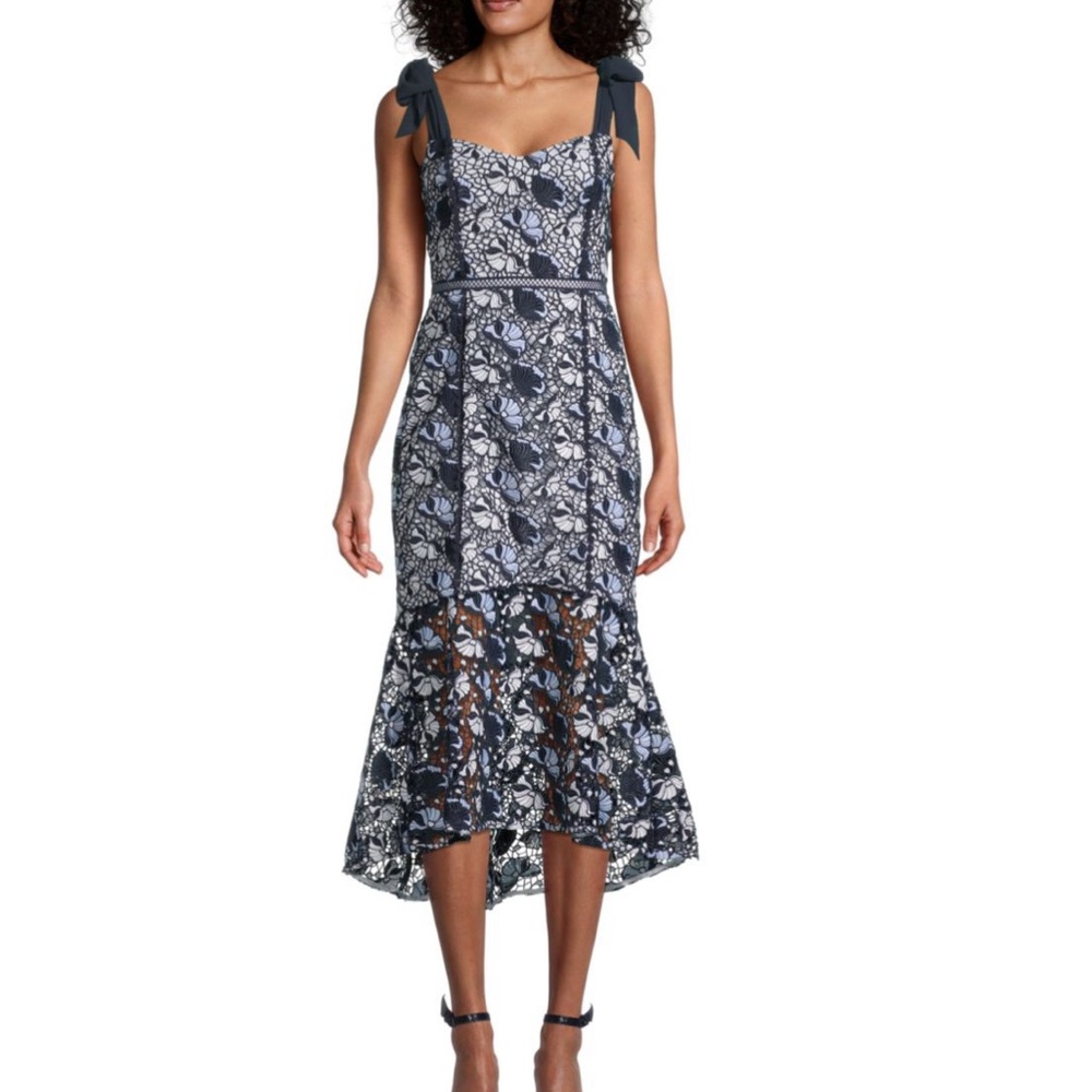 Monique Lhuillier Navy and White Lace Midi Dress